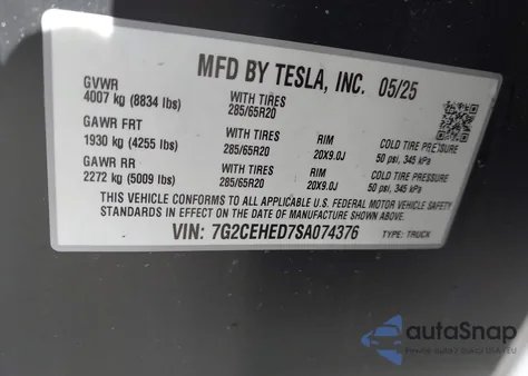 2025 Tesla Cybertruck All-Wheel Drive z USA, uszkodzony, nr VIN 7G2CEHED7SA074376